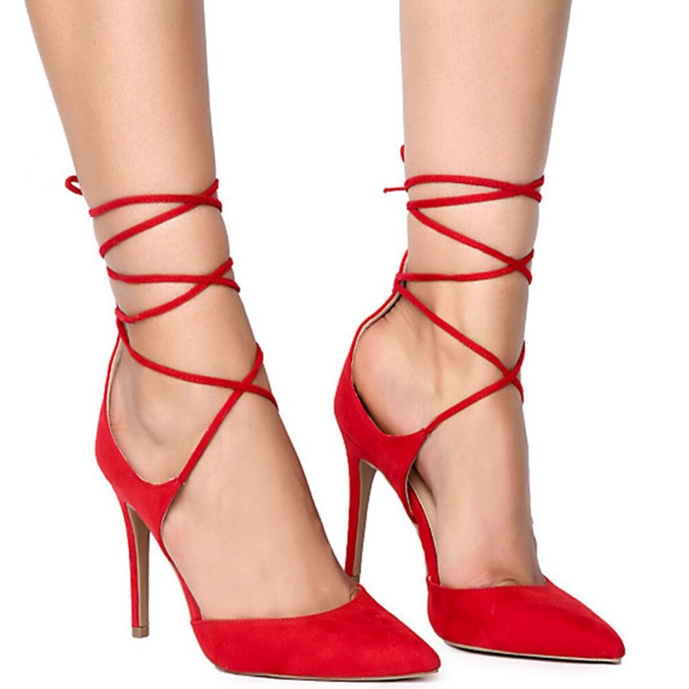 New Red Pointed Toe Strappy Lace-Up Stiletto High Heel Pump Faux Suede size 7.5